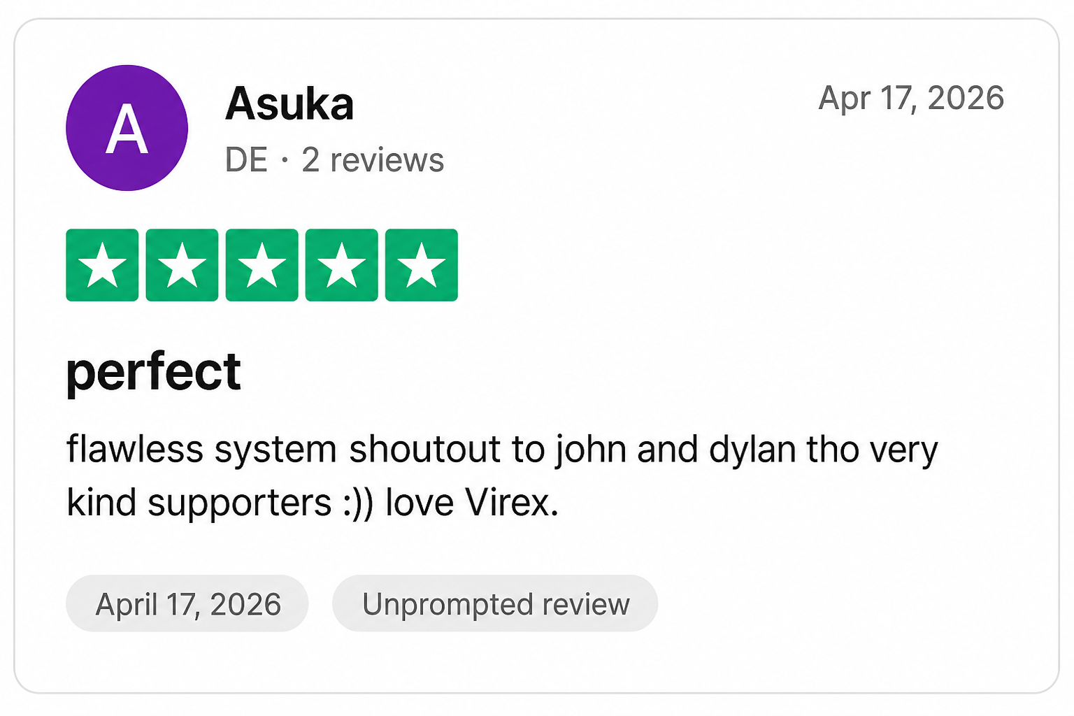 Trustpilot review from Asuka — 5 stars, perfect with Virex
