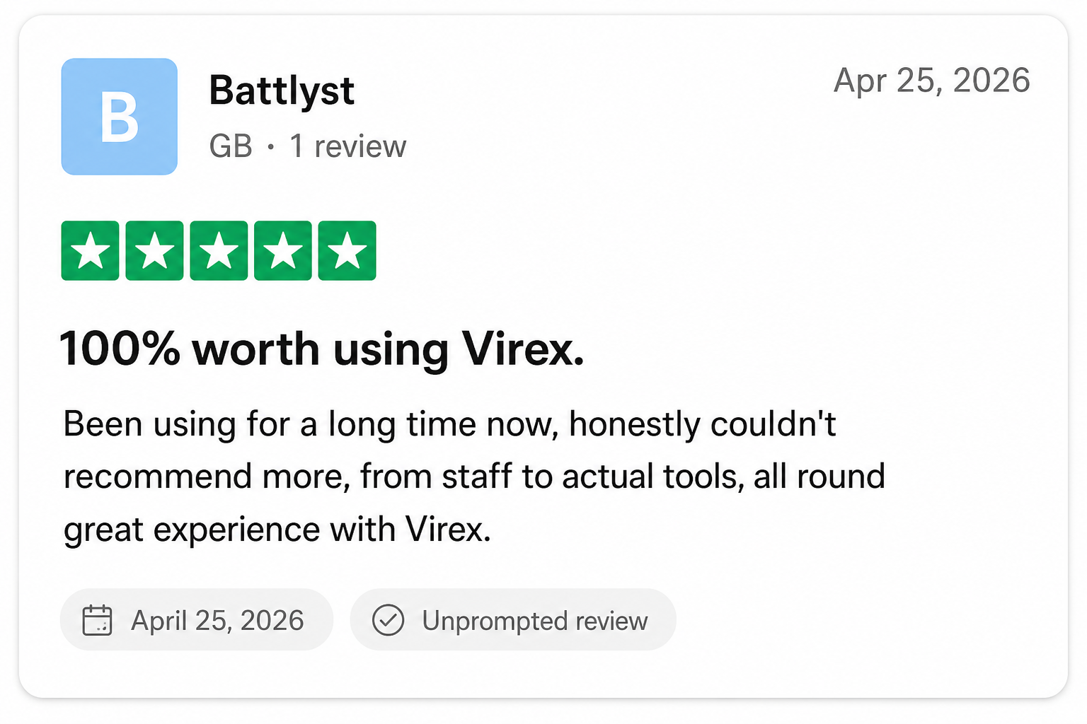 Trustpilot review from Battlyst — 5 stars, 100% worth using Virex