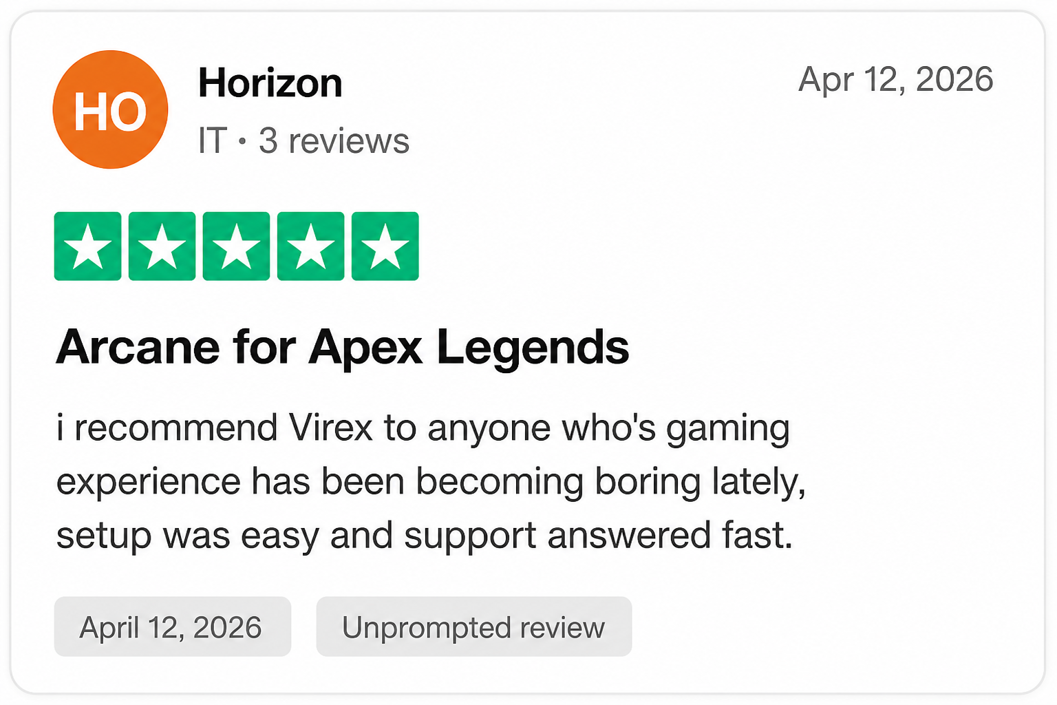 Trustpilot review from Horizon — 5 stars, recommends Virex